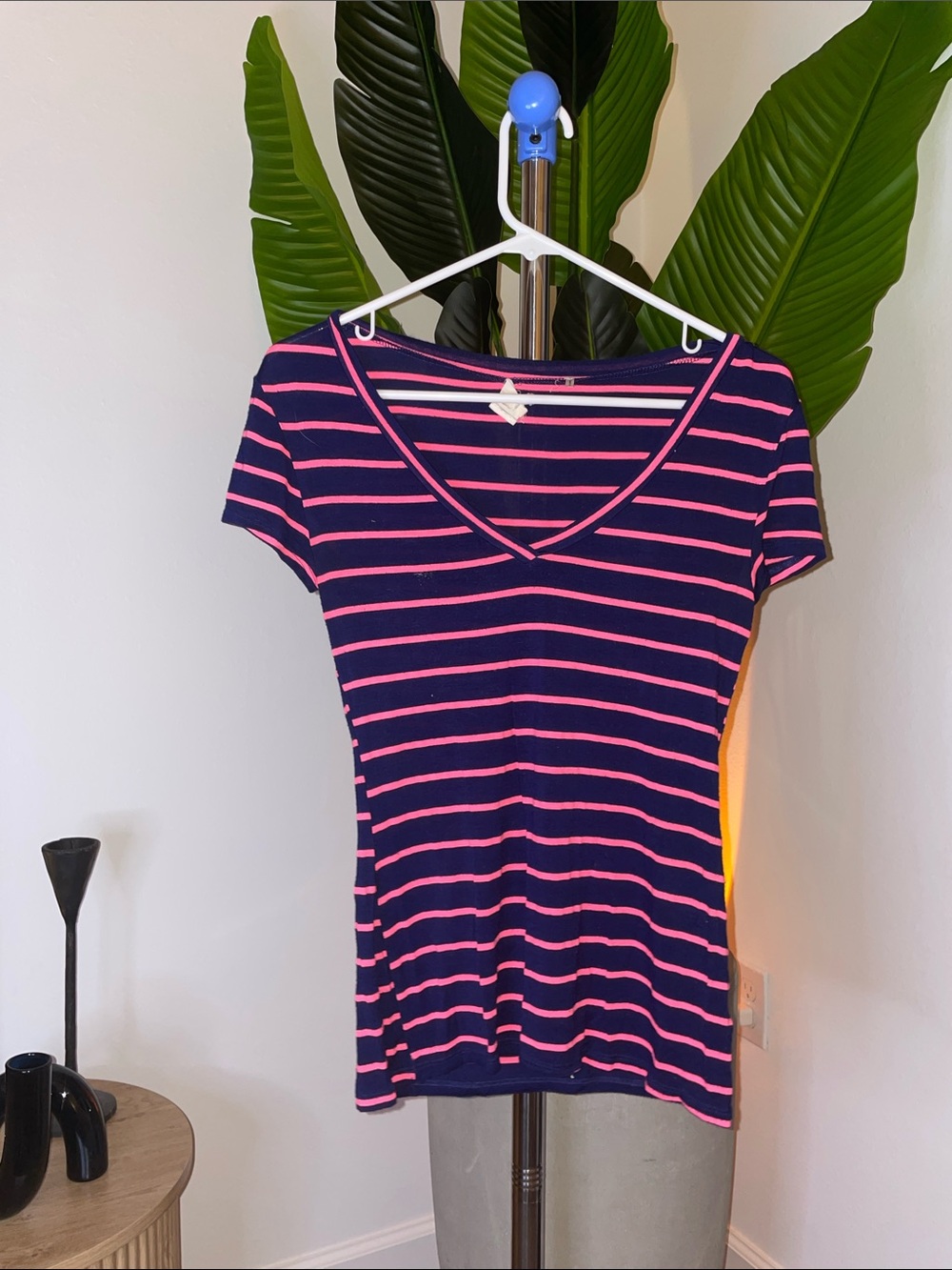 Striped V-Neck Tee in Navy & Pink